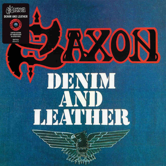 Saxon - Denim and Leather (red and black splatter)