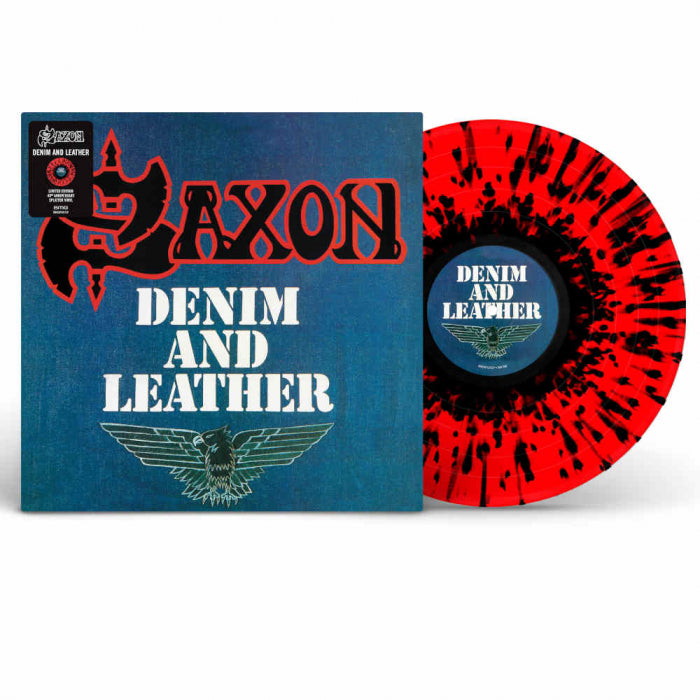 Saxon - Denim and Leather (red and black splatter)